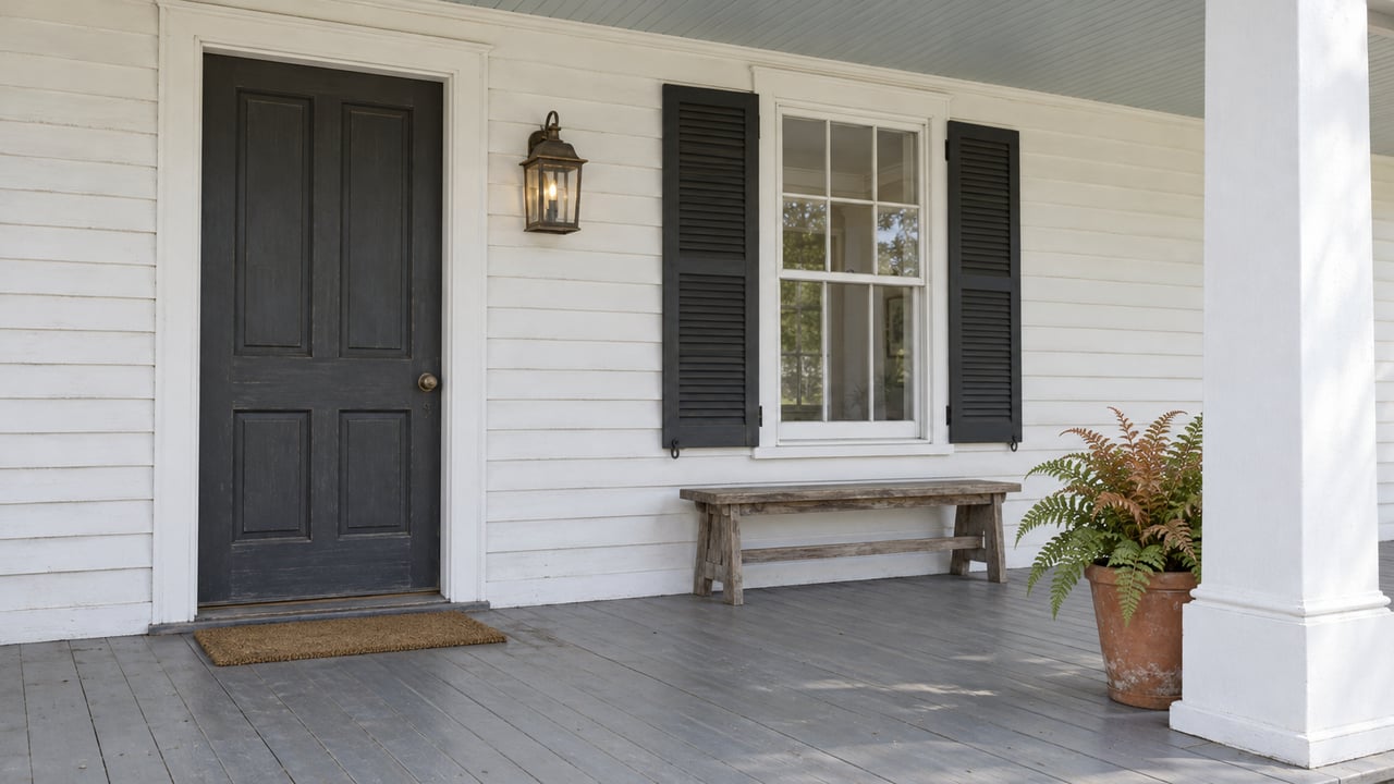 A bright covered porch with white clapboard siding, a dark front door, shuttered window, wooden bench, and a potted copper-tipped fern.