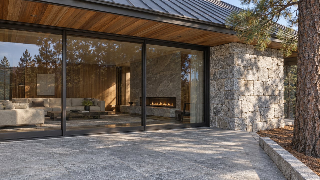 Close view of a cedar-and-granite residential terrace with closed bronze-framed glazing and a mature pine beside the stone paving.