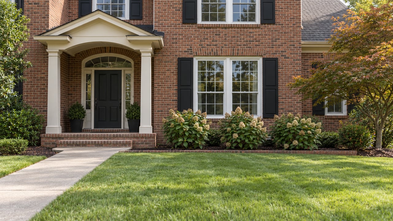 Brick home with cream porch columns, a black front door, multi-pane windows, and oakleaf hydrangeas beside a broad lawn.