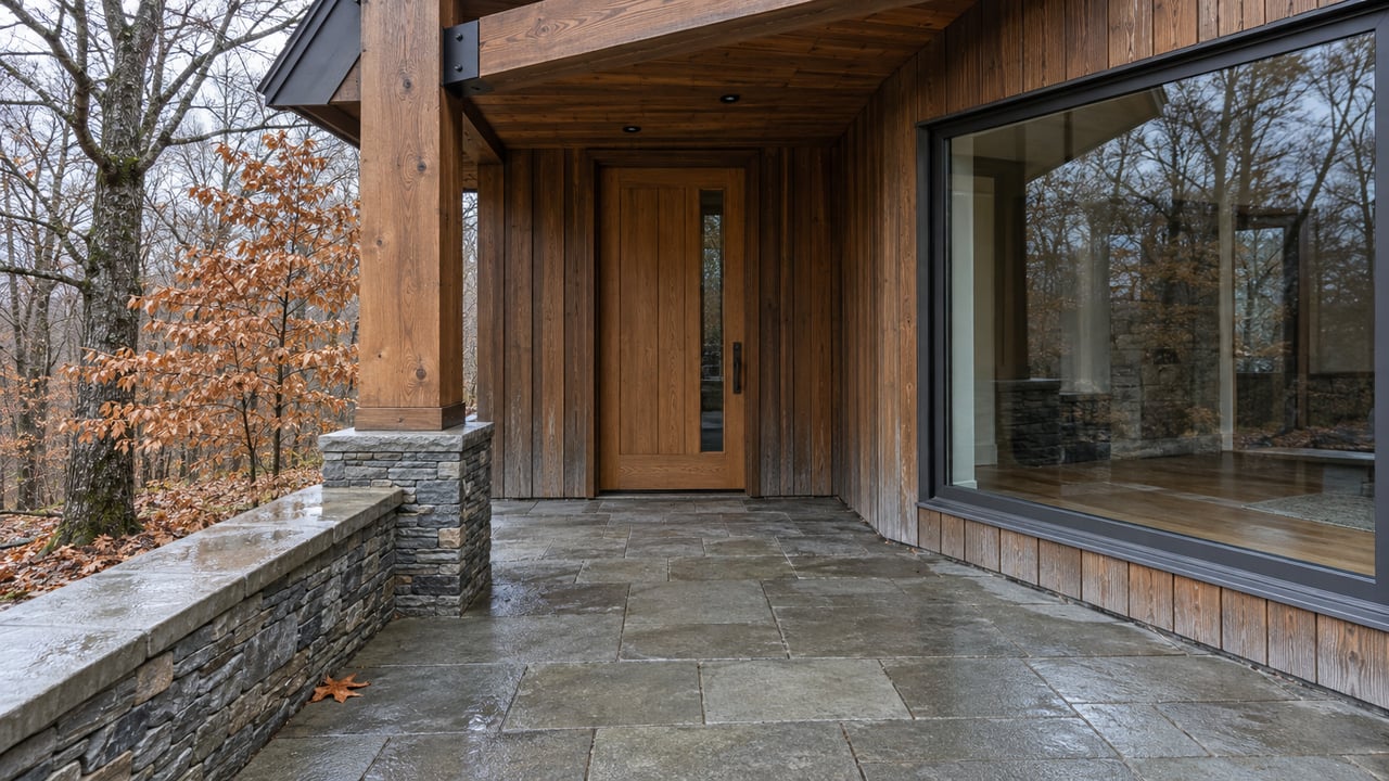 Rain-darkened stone entry landing beside warm timber siding and a glazed bay, with bare autumn branches beyond a low stone retaining wall.