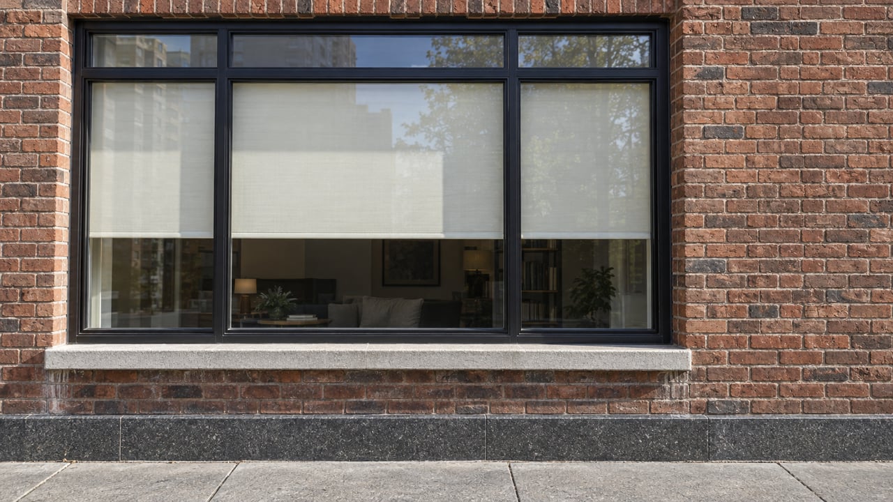 A broad black-framed residential window set in russet brick above a weathered limestone sill and dark stone base.