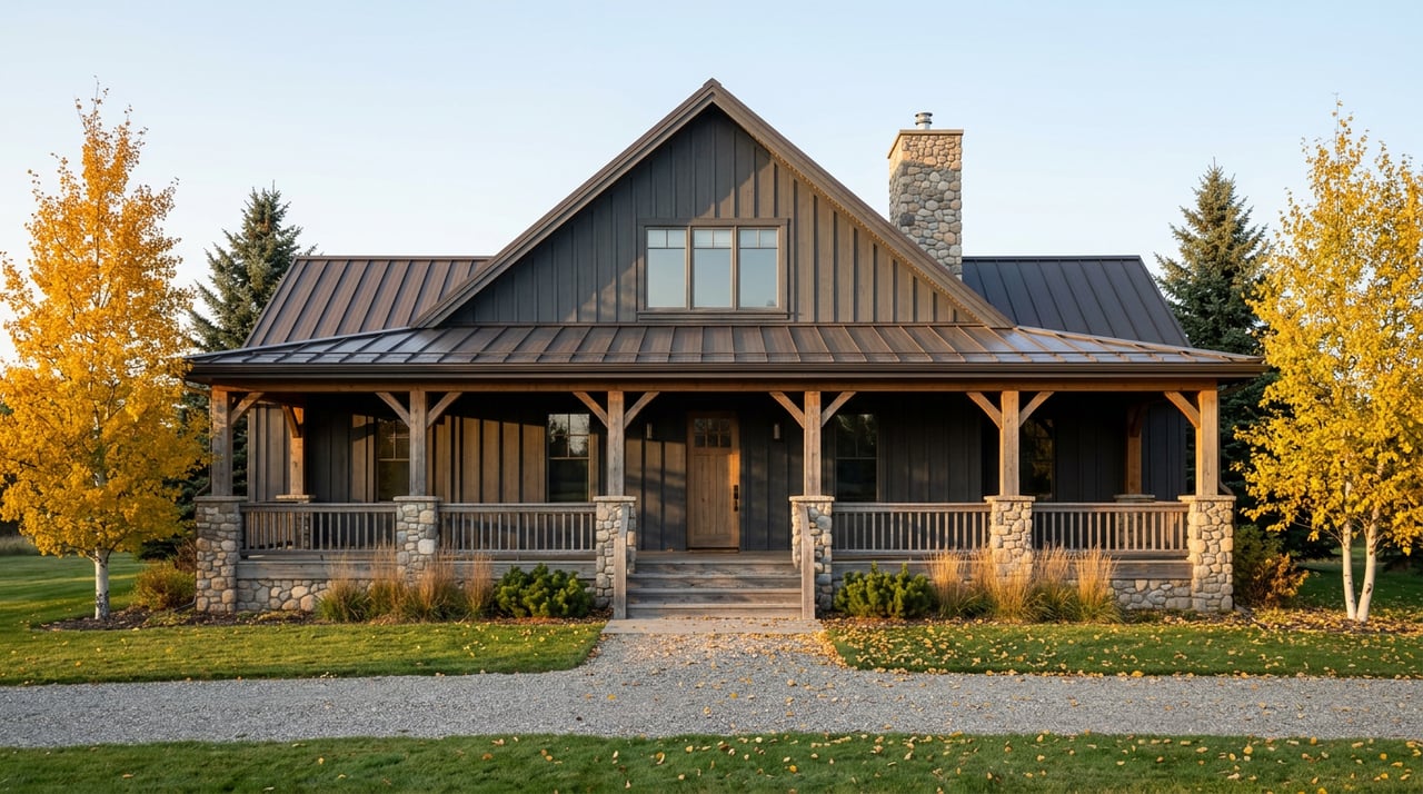 Charcoal-gray lodge-style home with a timber porch, stone base, and golden autumn trees.