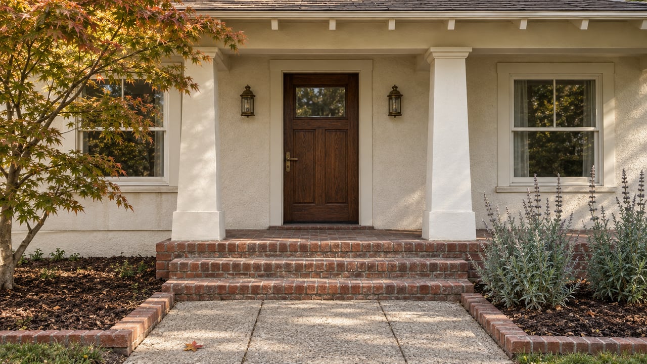 Off-white house with a shaded oak front door, paired windows, brick porch steps, and a mature Japanese maple beside the walk.