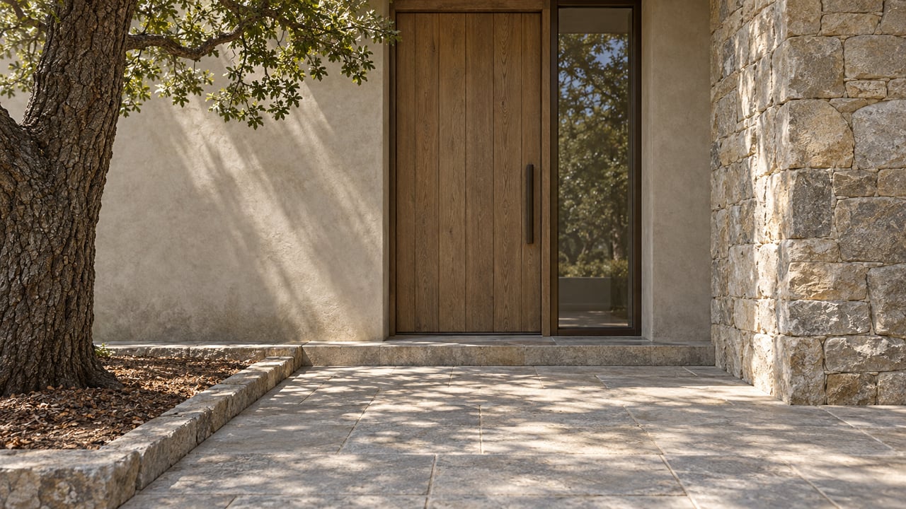 Close view of an oak entry door with a bronze-framed sidelight, textured stone wall, and limestone approach beneath a mature live oak.