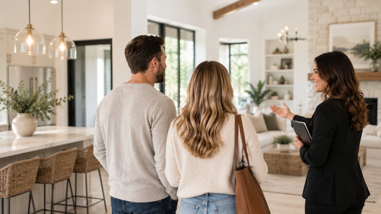 Bright open-plan home interior with a marble island as an agent shows a couple around.