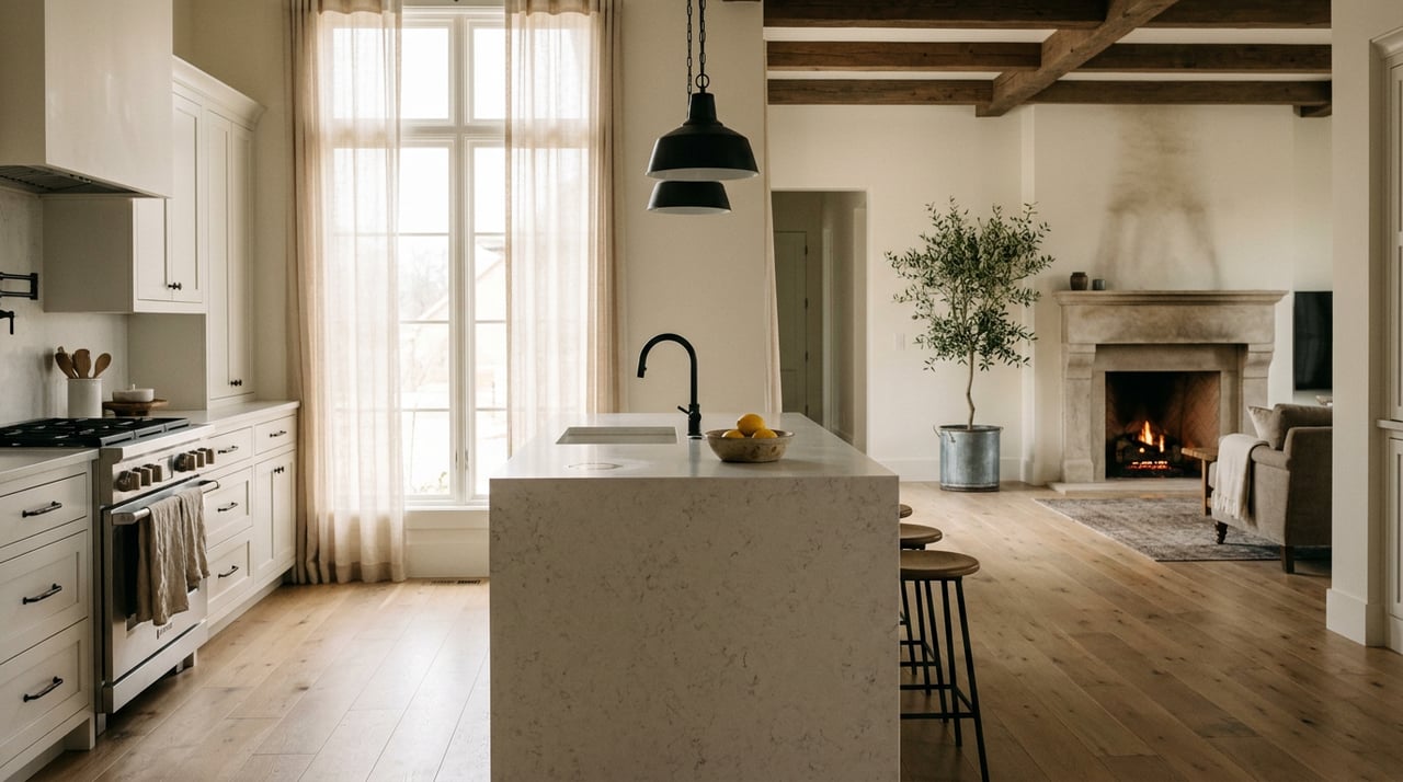 Open kitchen with a quartz island, white shaker cabinets, timber beams, and a limestone fireplace beside an olive tree.