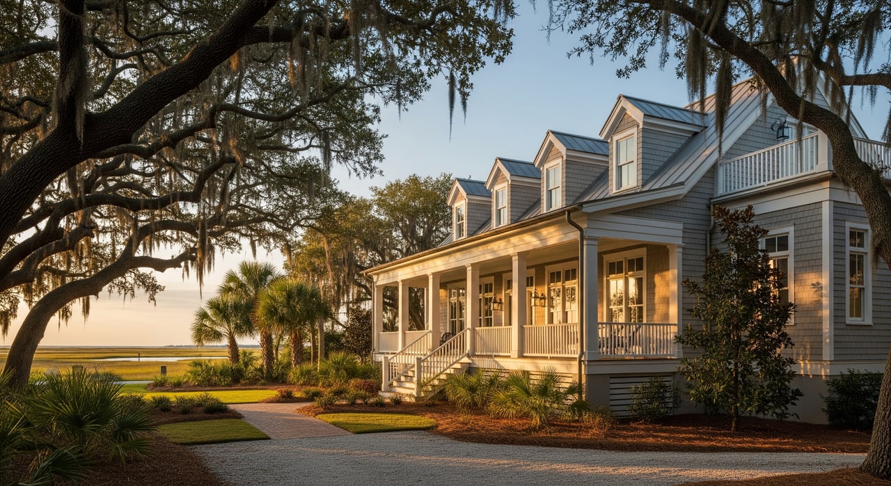 Large gray coastal house with dormer windows and a wraparound porch beneath moss-draped oak trees.