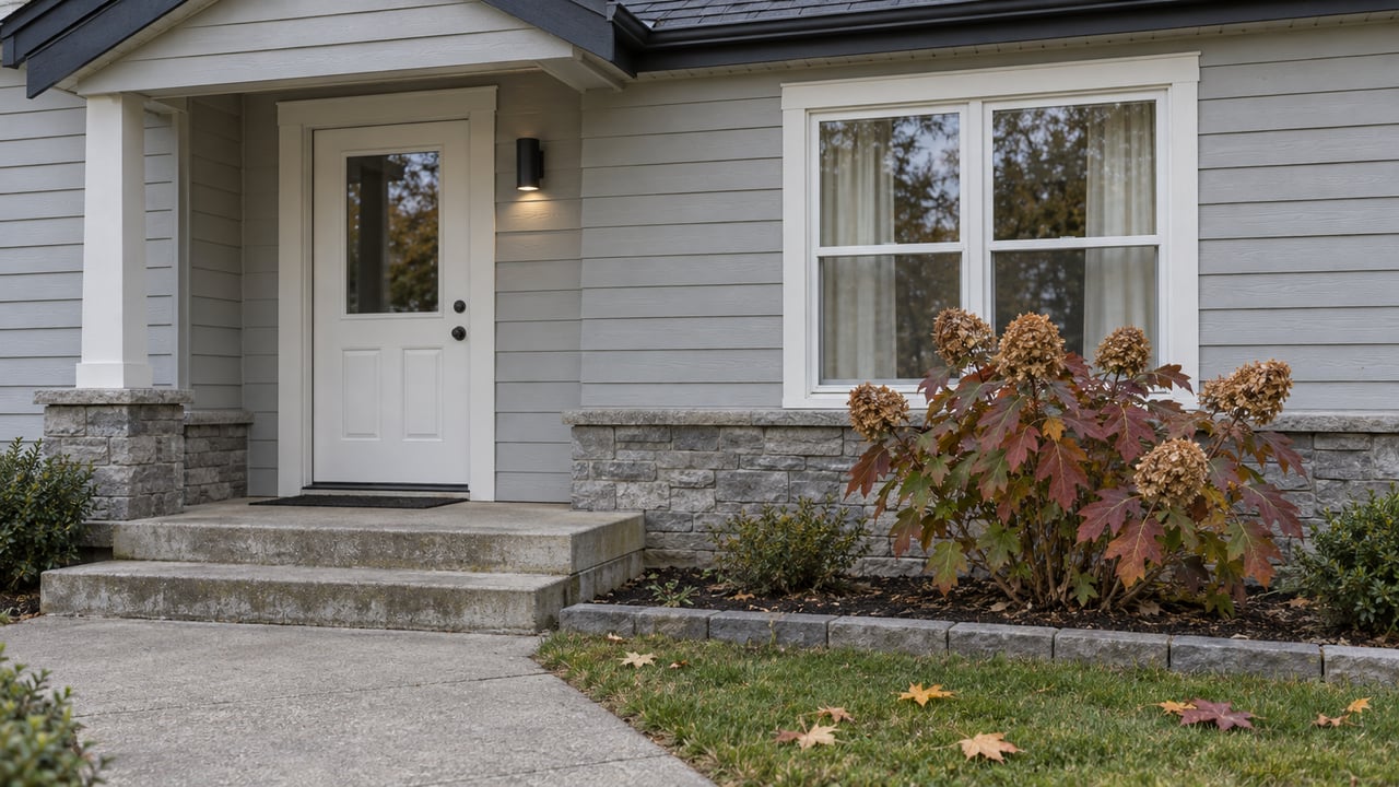 Gray-sided cottage entry with weathered concrete steps, a closed white door and window, and oakleaf hydrangea in autumn color.