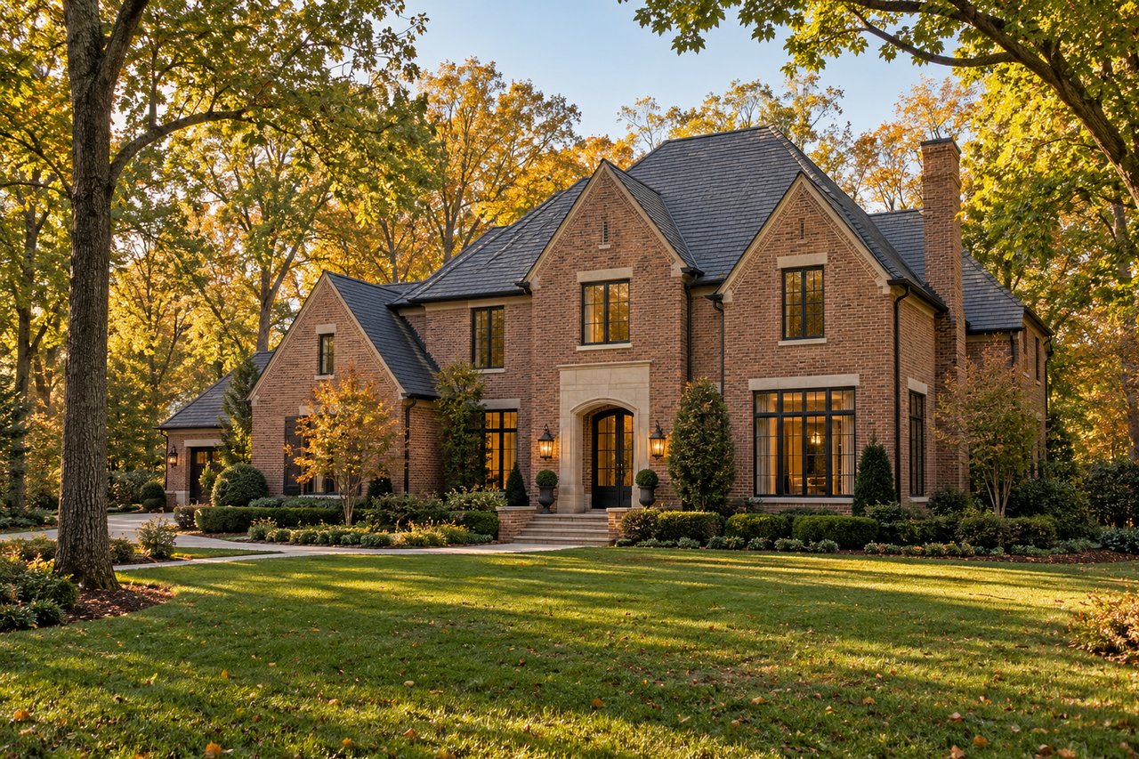 Illustrated Nashville-style brick luxury home with limestone entry, mature deciduous trees and a landscaped lawn.