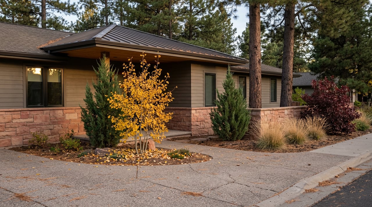 Suburban home entry with rust-colored stone, graphite siding, and a golden aspen beside the walkway.