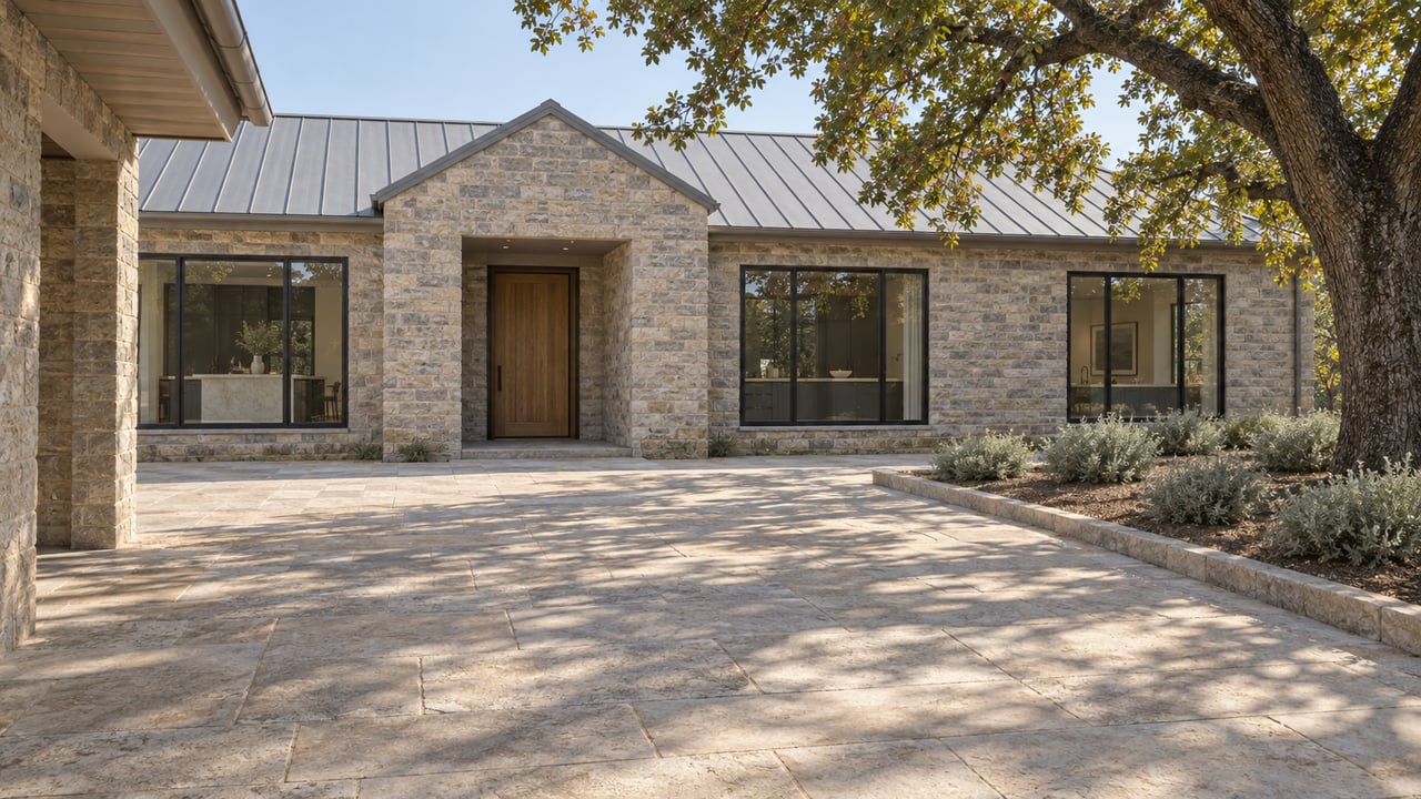 Stone residence with a zinc roof and charcoal-framed windows across a spacious limestone arrival court beneath a mature oak.