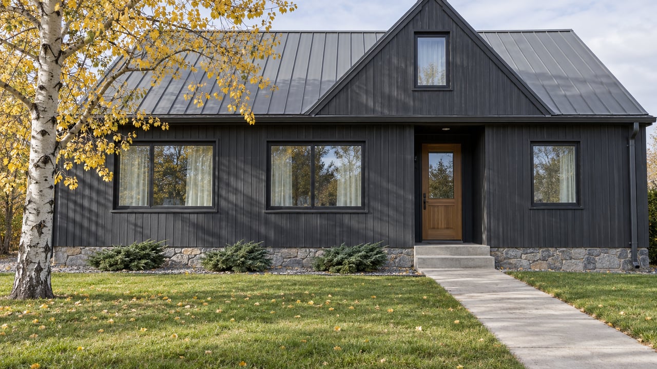 Charcoal timber-sided house with a metal gabled roof, stone base, autumn aspen and a deep front lawn beside a concrete entry walk.