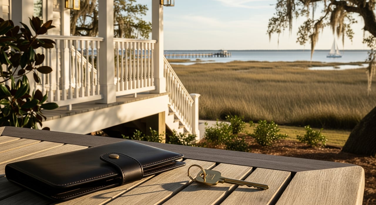 Black leather portfolio and keys on a wooden table overlooking a marsh, pier, and sailboat.