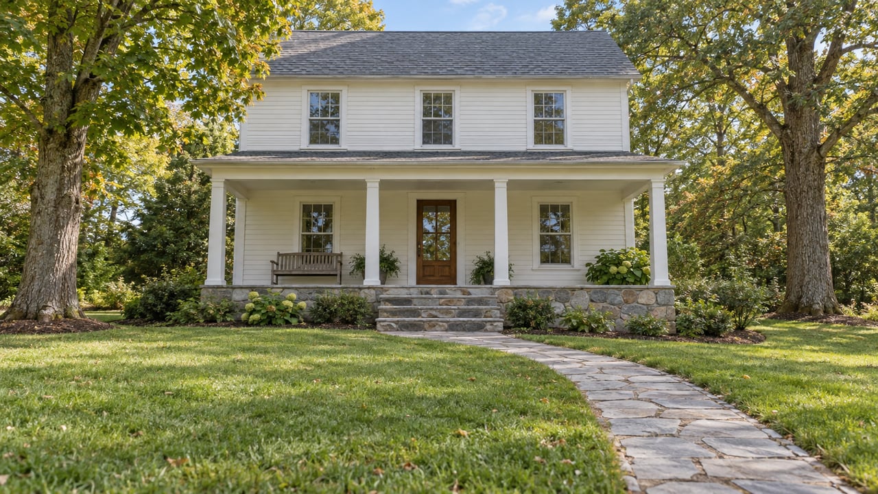 Ivory clapboard house with a covered porch, stone approach and broad lawn between mature deciduous trees.
