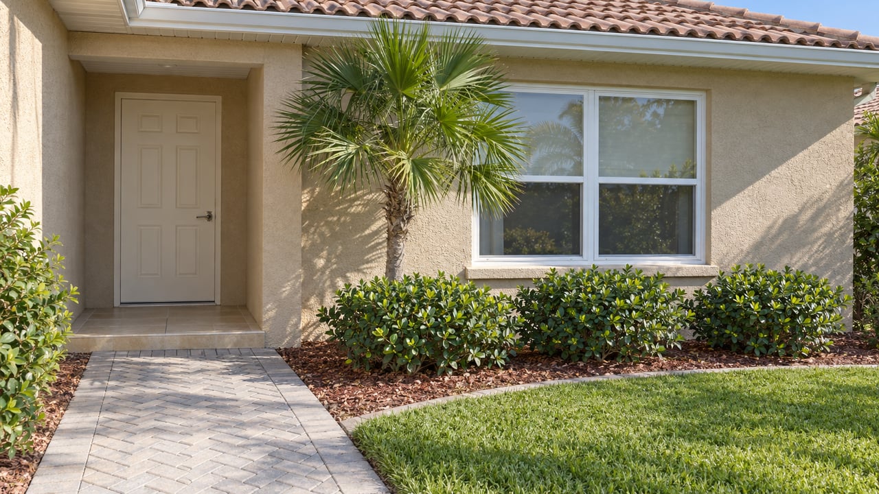 Sunlit beige stucco home entry with a terracotta tile roof, white-framed window, fan palm and gray paver walk.
