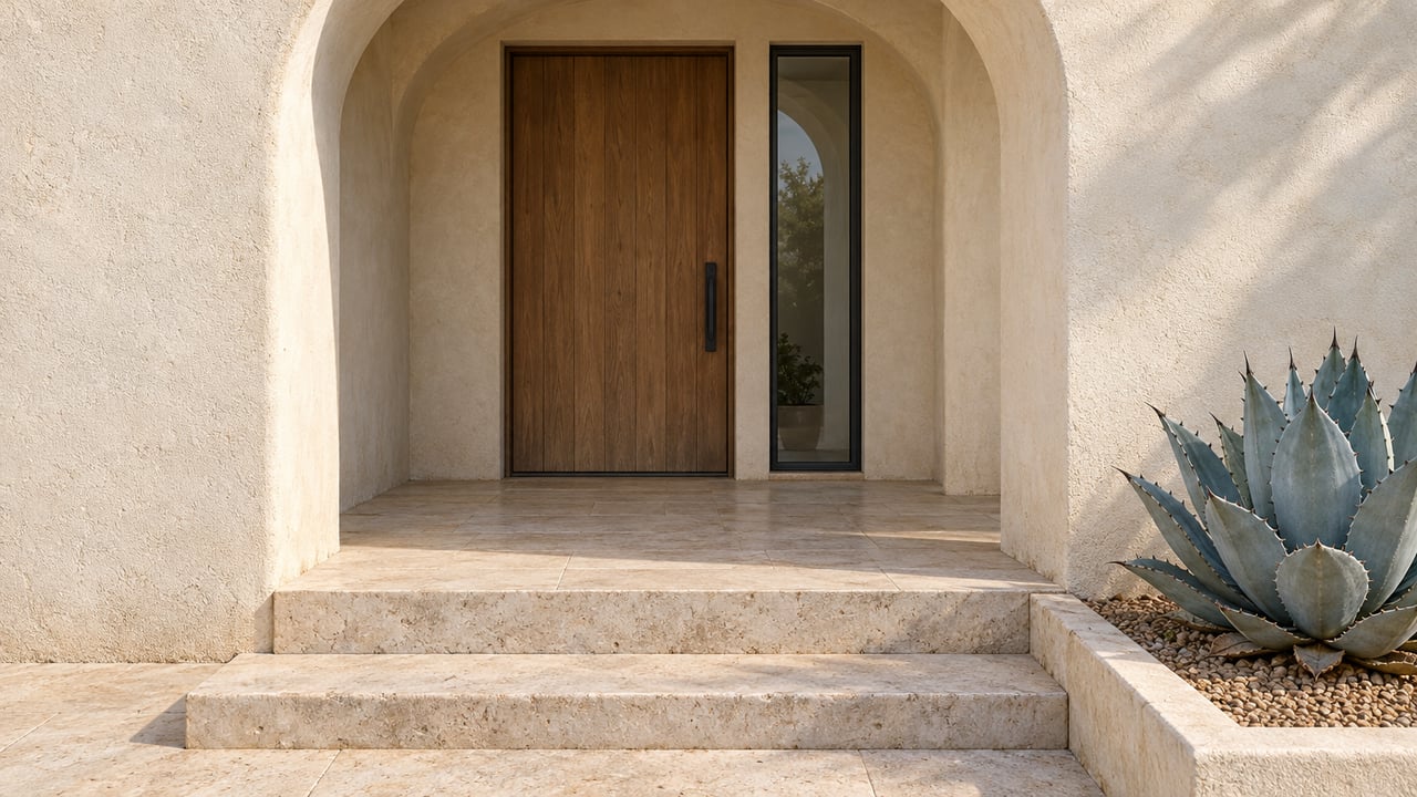 Warm stucco arched entrance with an oak door, limestone steps and a single blue-gray agave in a gravel bed.