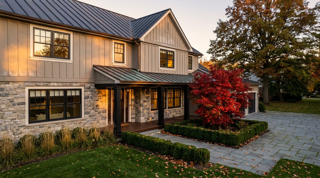 Two-story stone and greige-sided home with a covered entry, crimson Japanese maple, and bluestone approach.