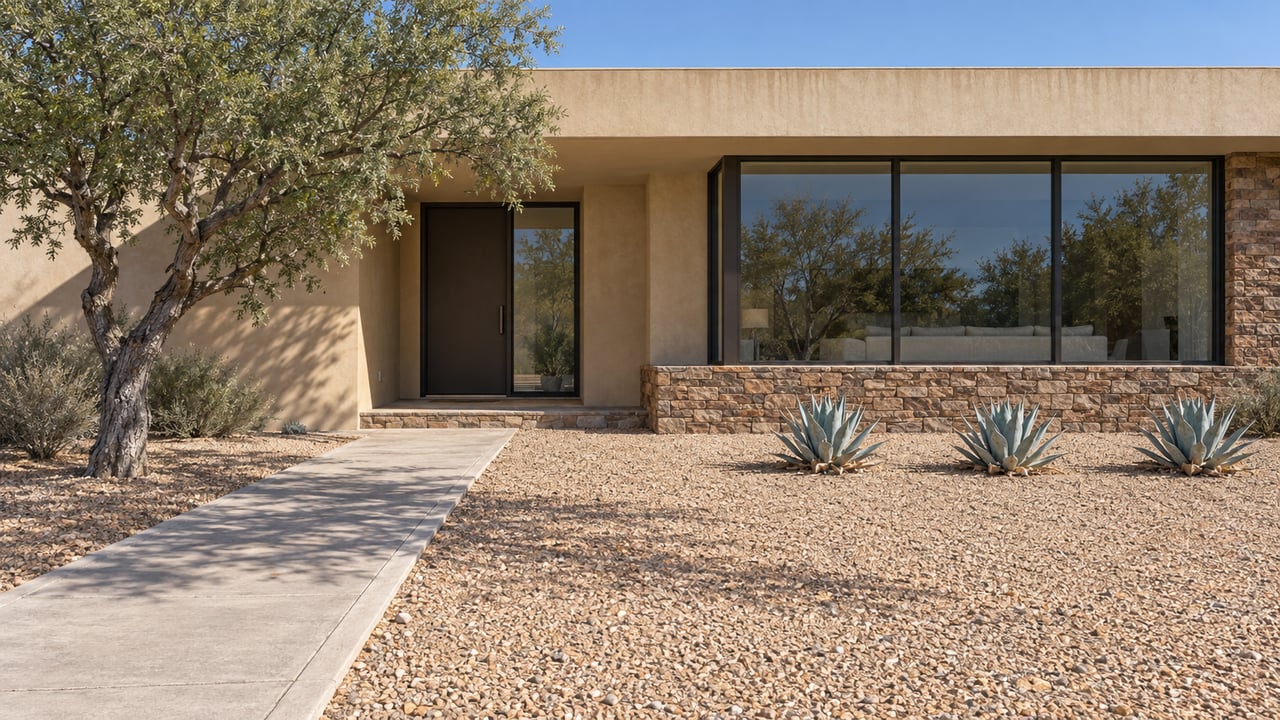 Modern desert home with broad windows, a stone-clad facade, and gravel landscaping with agaves.