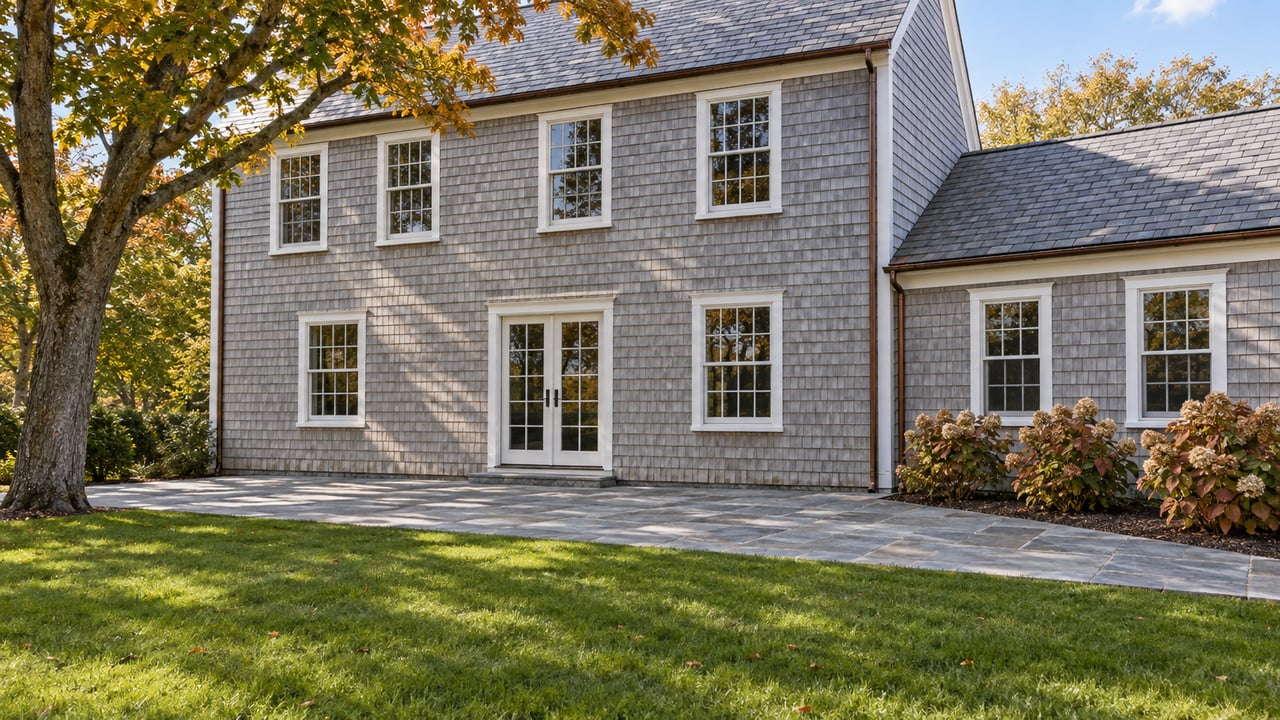Cedar-shingled home with slate gables, divided-light windows and closed French doors above a stone terrace and broad garden lawn.