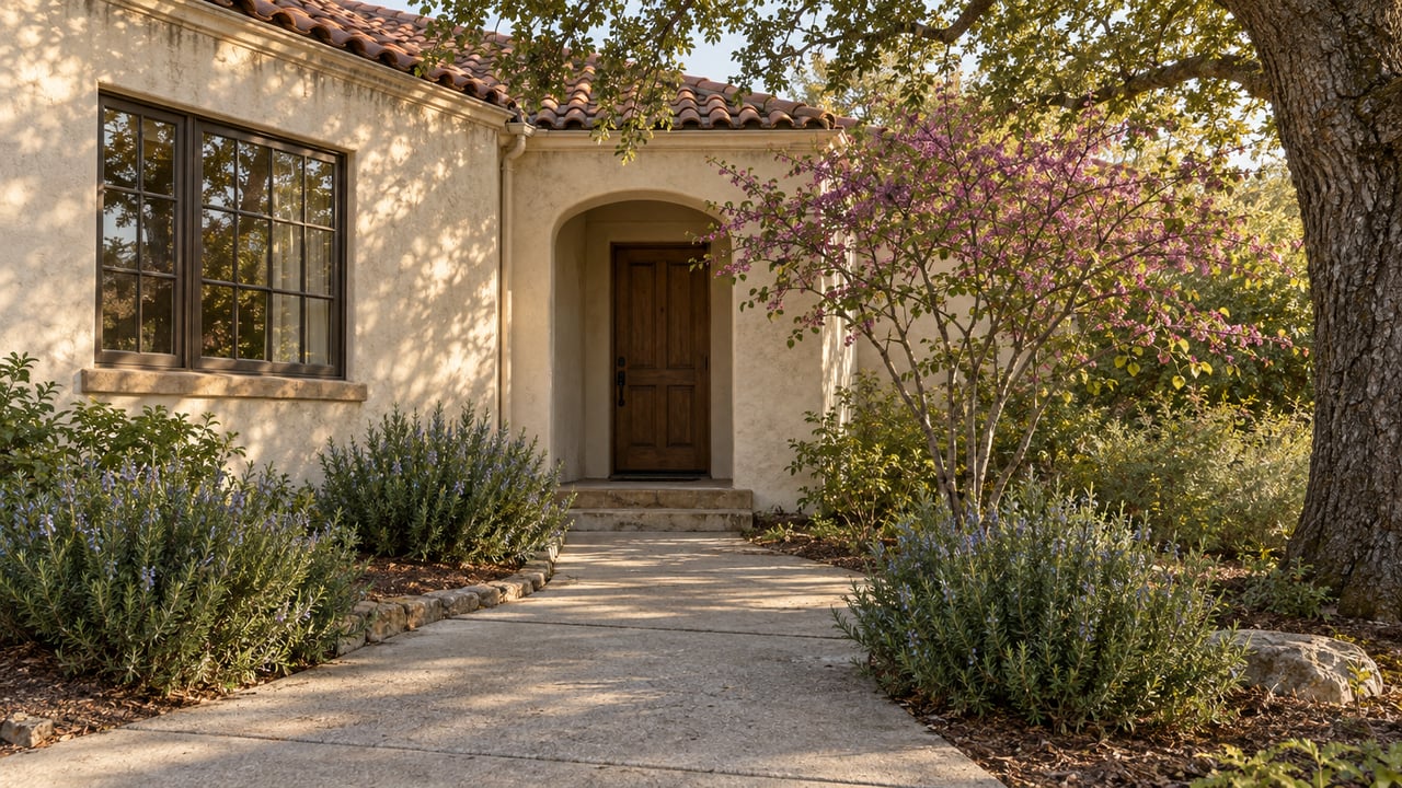 Stucco house with a recessed wood door, clay-tile roof, and oak-shaded garden path.