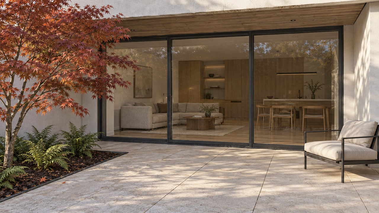 A pale limestone terrace meets dark-framed glass doors beneath a cedar soffit, with a copper-leaved Japanese maple beside the modern plaster home.