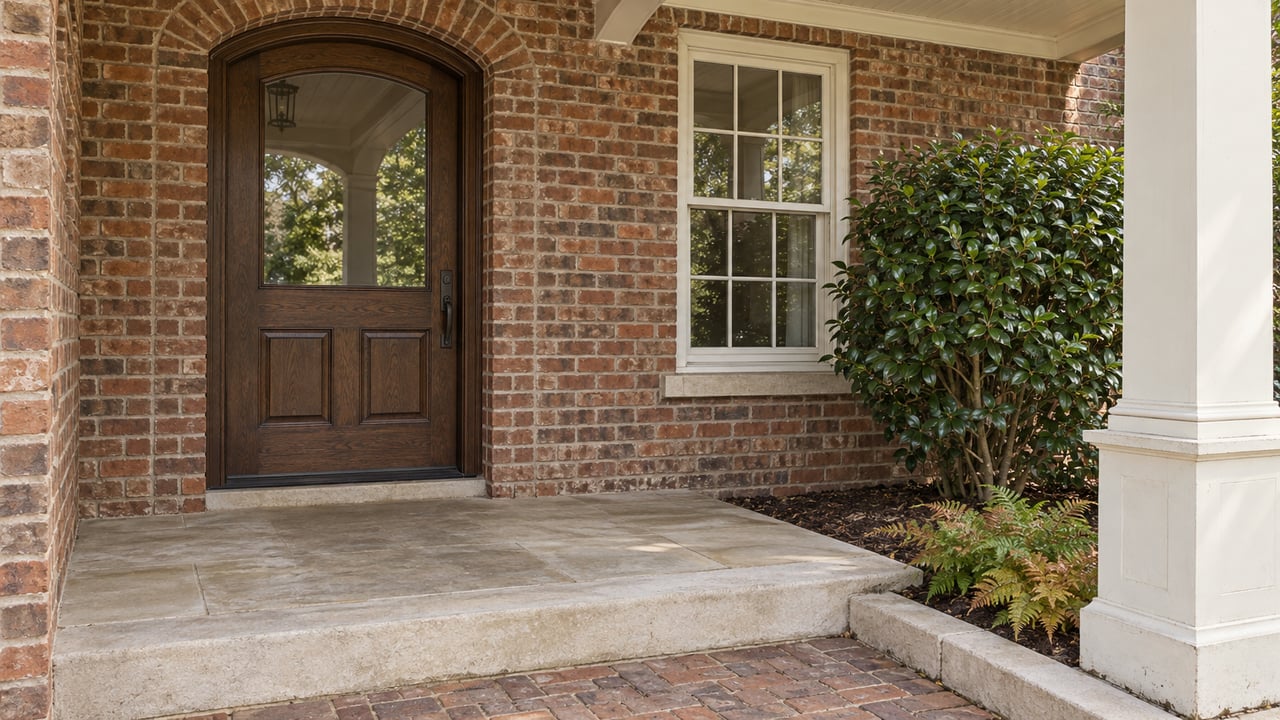 Close view of a brick home's arched oak entry, pale limestone porch and deep-set sash window beside a camellia and autumn ferns.