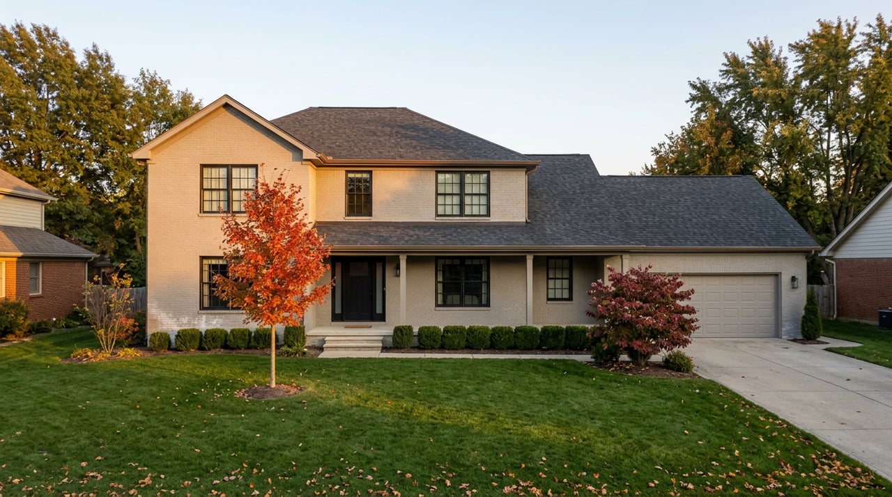 Two-story greige brick home with black windows, a crimson-orange maple, clipped boxwoods, and a broad front lawn.