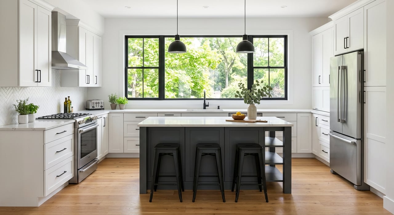 L-shaped white kitchen with black island, two stools, stainless range, and a wide picture window.