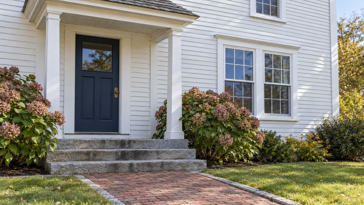 White clapboard home with a navy front door, divided-light windows, weathered granite steps and hydrangeas beside a brick approach.