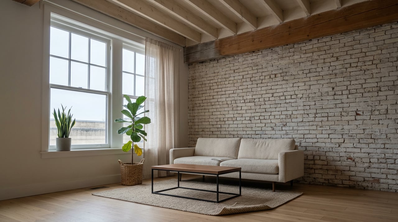 Loft living room with an exposed brick wall, fir ceiling beam, pale sofa, walnut table, and plants beside a tall sash window.