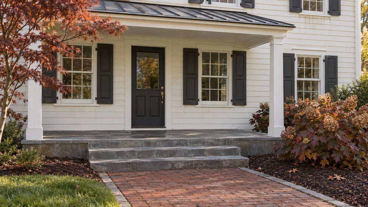 Cream clapboard home with a charcoal front door, bluestone porch steps, brick approach and copper-red autumn planting.