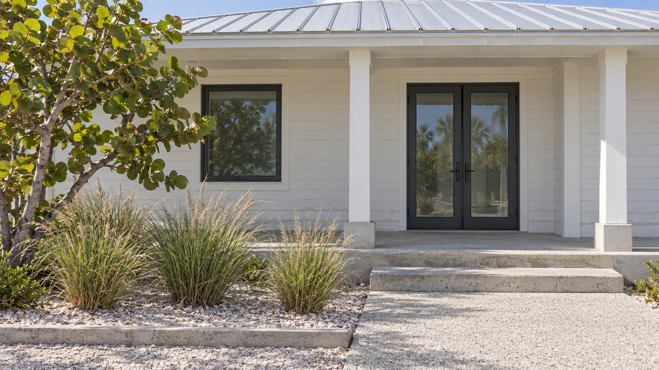 Sunlit coastal house porch with white lap siding, a pale standing-seam roof, closed glass doors and sea grape planting beside a concrete walk.