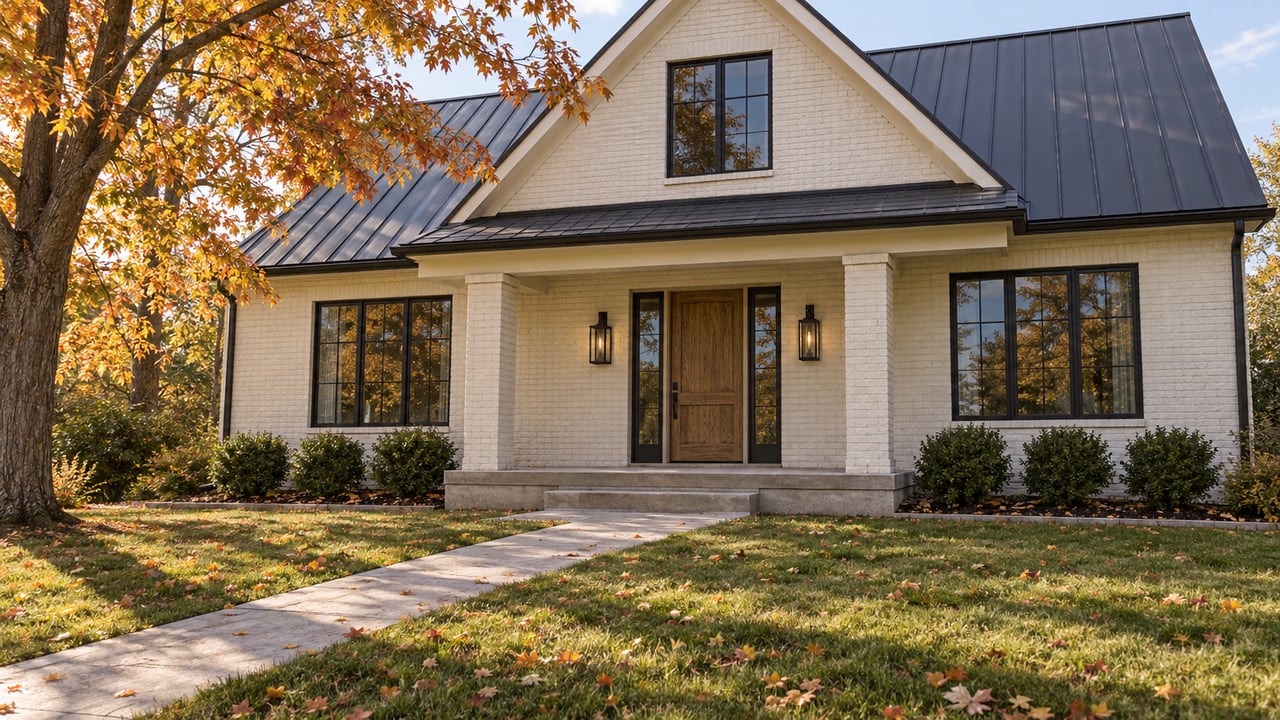Ivory brick gabled home with an oak front door, black-framed windows and an autumn maple beside a deep front lawn.