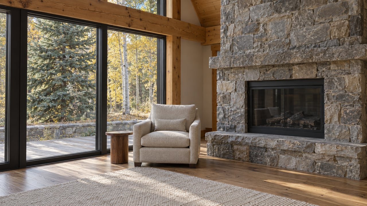 A timber-ceiling living room with a gray stone hearth, cream wool chair and black-framed windows overlooking golden-leaved aspens and a spruce.