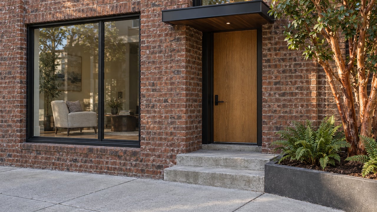 Renovated brick residential entrance with black-framed glazing, an oak door, concrete steps and a strawberry tree in a raised stone planting bed.