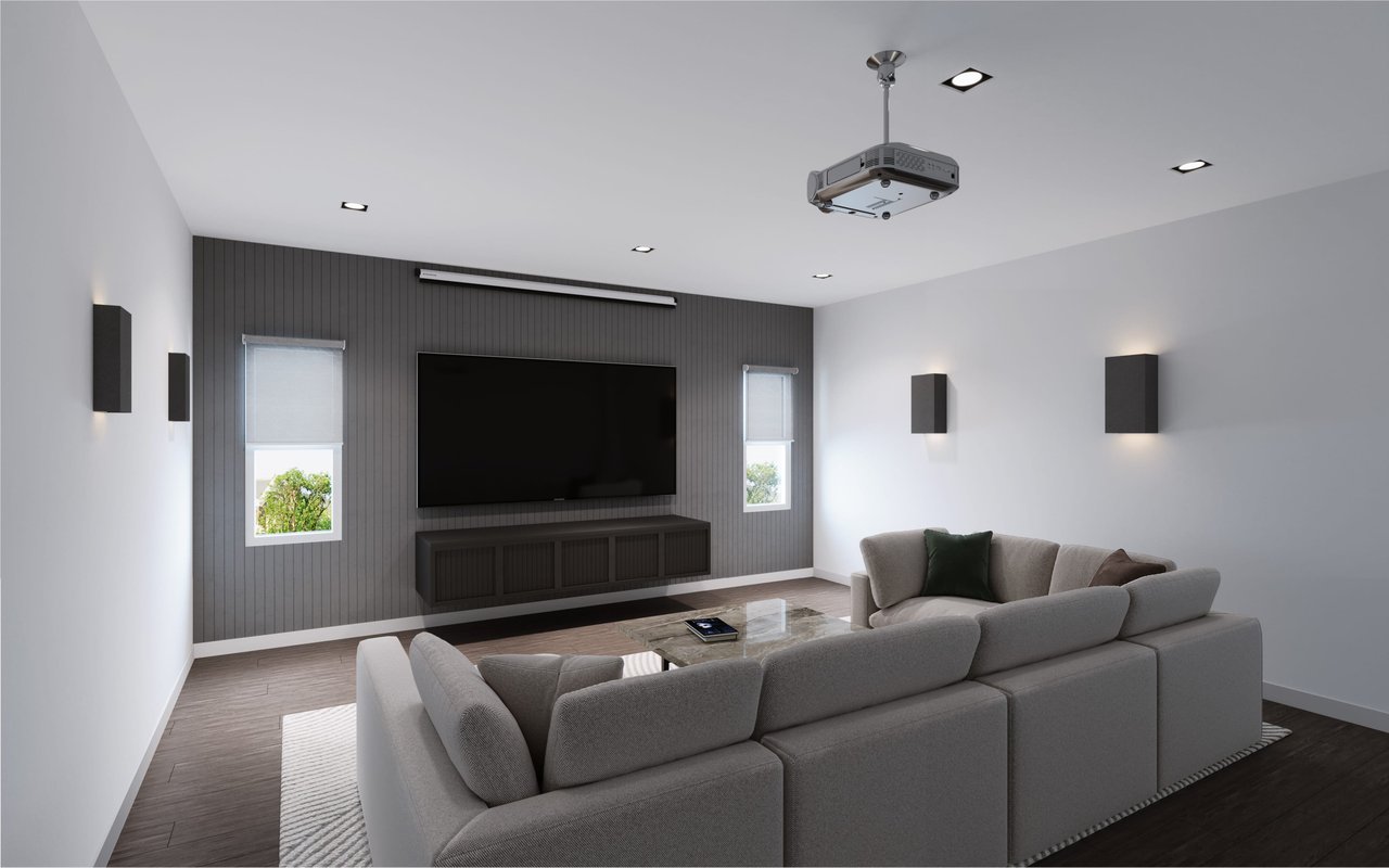 Modern and cozy home theater room with large projector screen, comfortable seating, and ambient lighting in a Dallas luxury home.