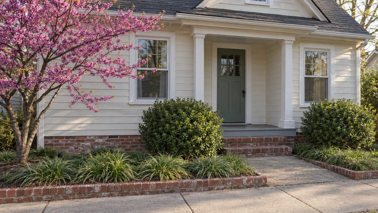 Ivory clapboard bungalow with a red-brick foundation, porch steps, and a small garden edged in brick.