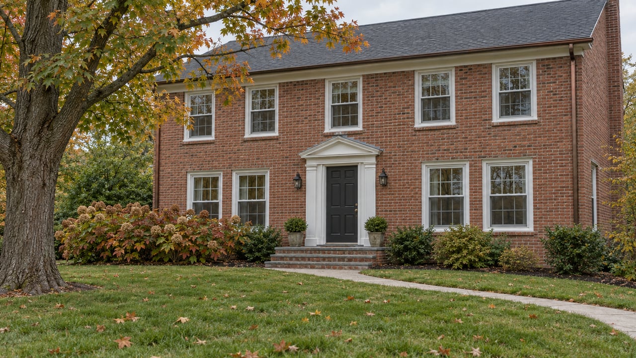 An established two-story brick house with sash windows, a curved front walk and autumn maple foliage across a deep lawn.