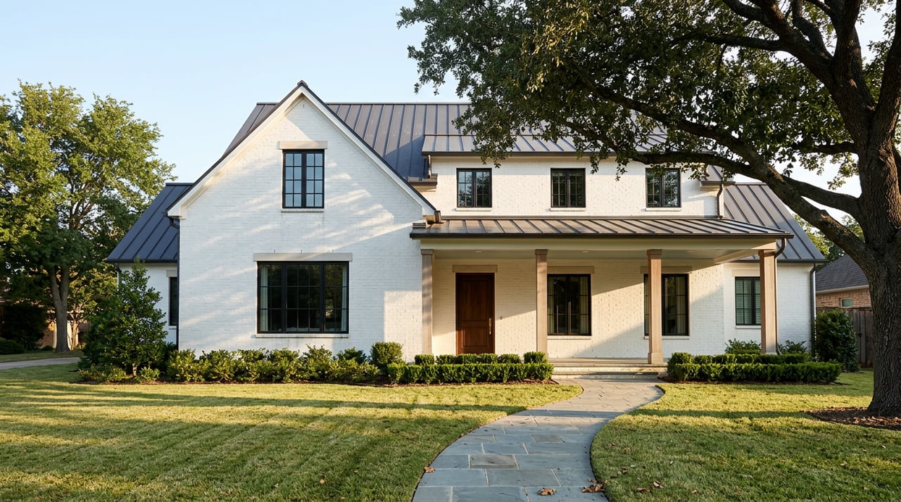 Two-story white-brick home with a covered porch, curved stone walkway, and live oak shading the lawn.