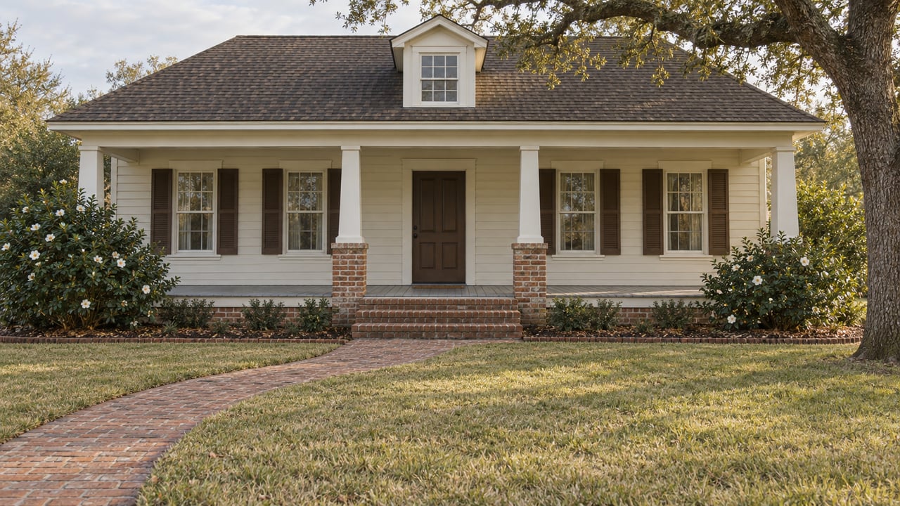 Cream-sided home with a broad columned porch, brick approach, winter-toned lawn and a mature spreading oak in soft afternoon light.