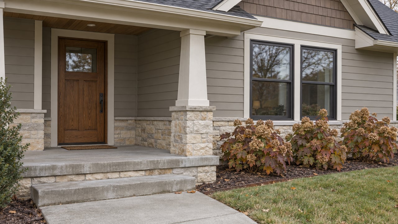 Covered home entry with gray siding, a limestone porch column, oak door and autumn oakleaf hydrangeas beside concrete steps.