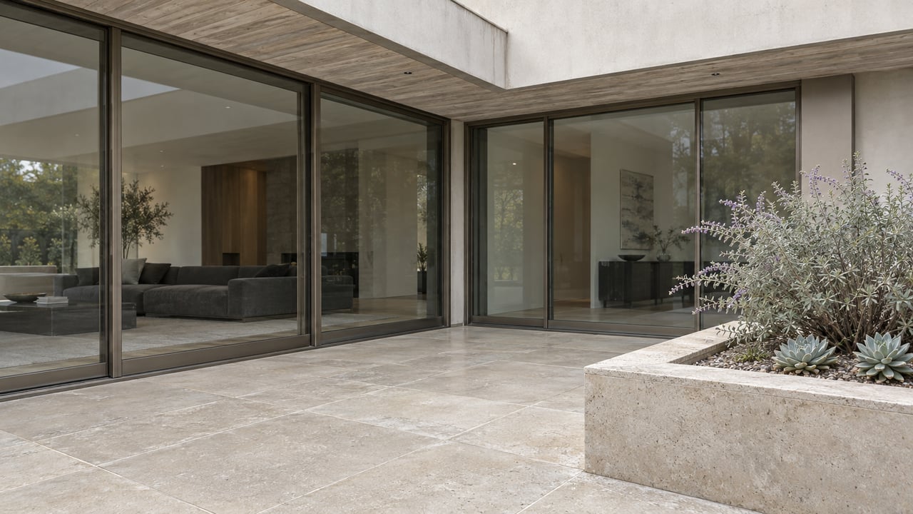 Limestone terrace beside bronze-framed glass doors, weathered cedar soffit and a raised planter of native sage and succulent rosettes.