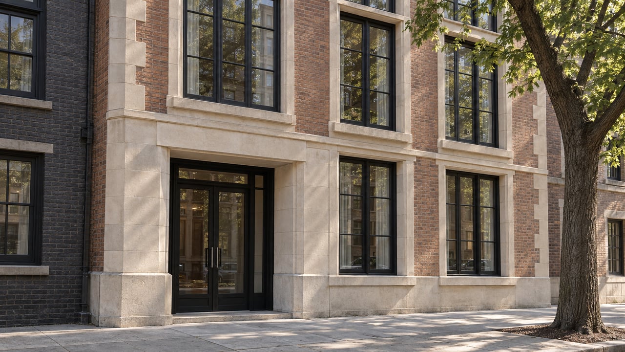 Four-story condo facade with buff limestone, russet brick, tall black-framed windows, and a street tree.