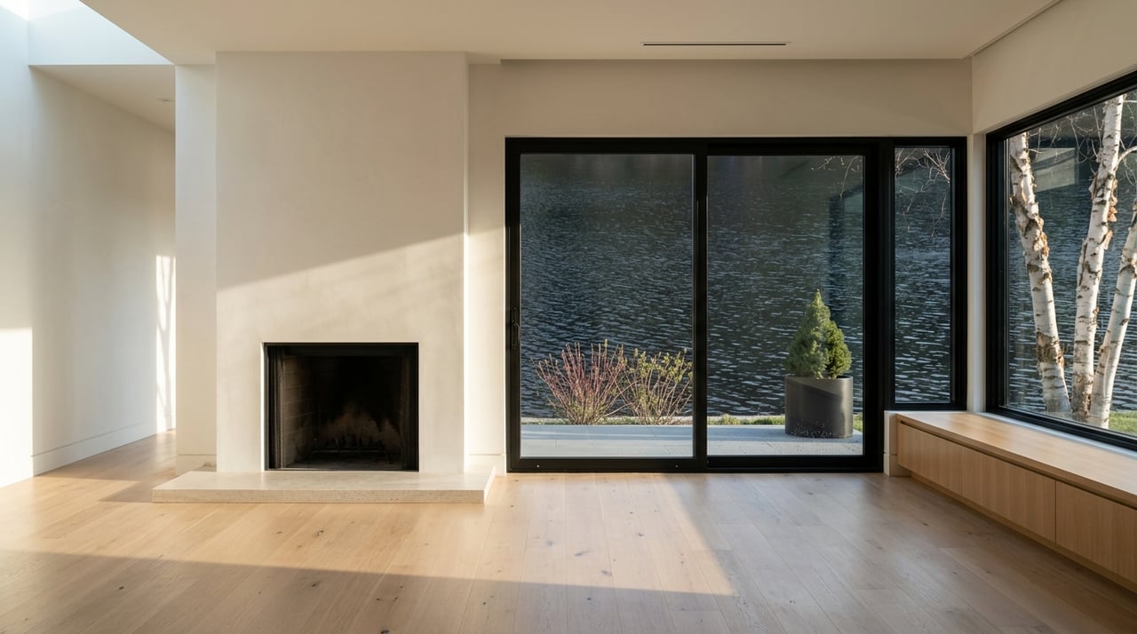 Lake-facing living room with a plaster fireplace and black-framed windows overlooking water.