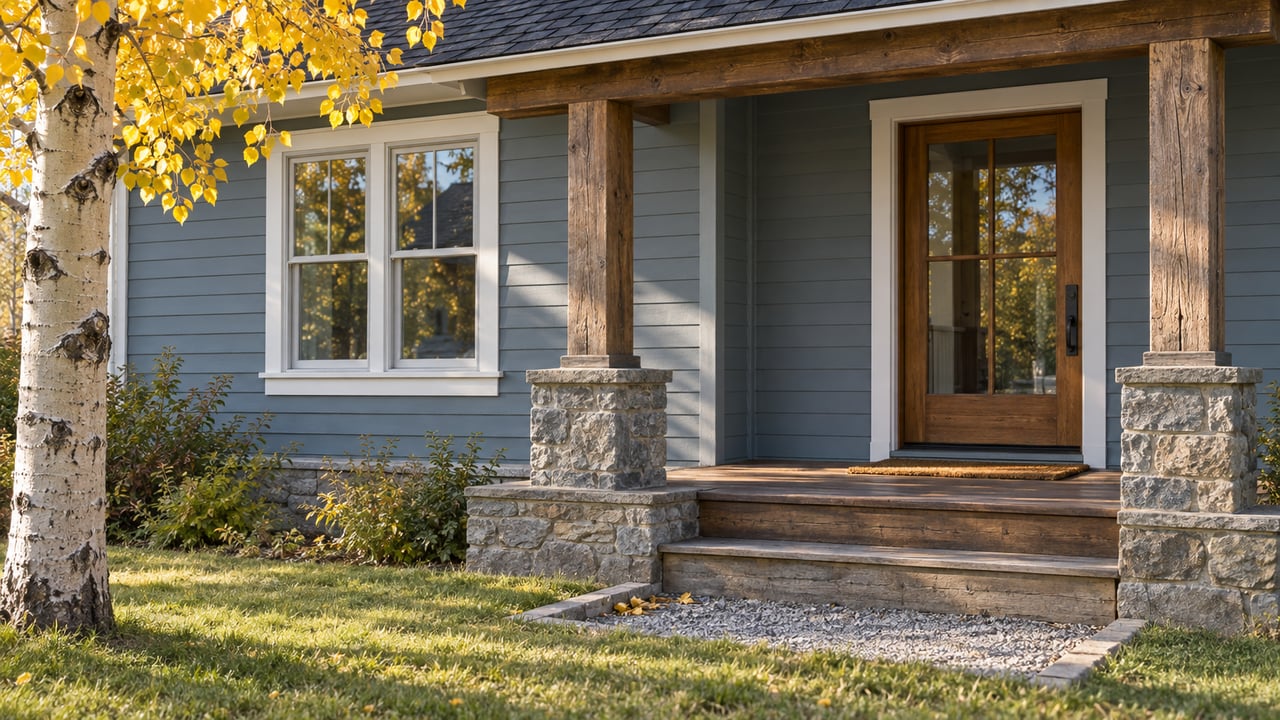 Autumn morning light on a blue-gray home's timber porch, sandstone steps and white-trimmed window beside a golden aspen.