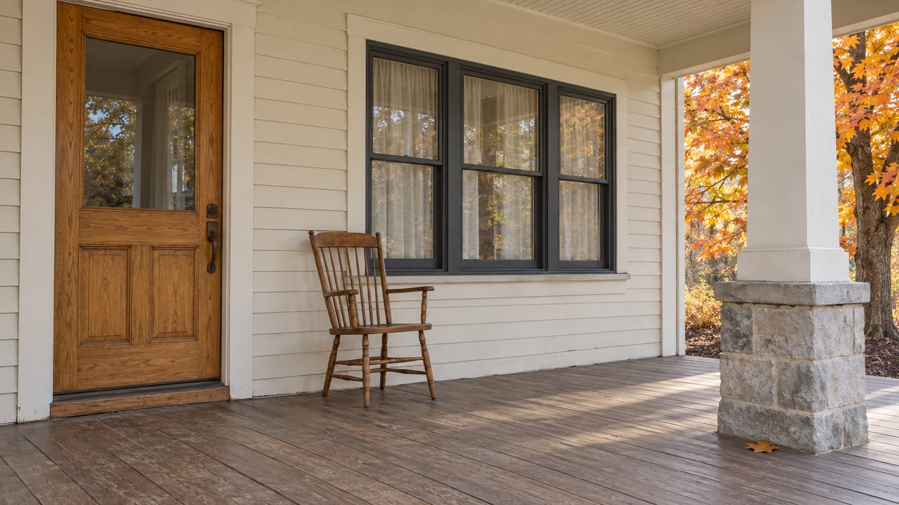 Morning light across a weathered wood porch with ivory clapboards, an oak glazed entry door, a broad charcoal-framed window, and orange maple leaves outside.