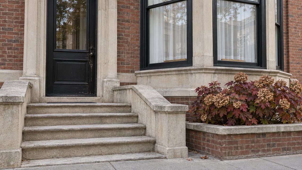 Renovated brick home with a glazed black entry, limestone steps, tall bay windows and autumn oakleaf hydrangea.