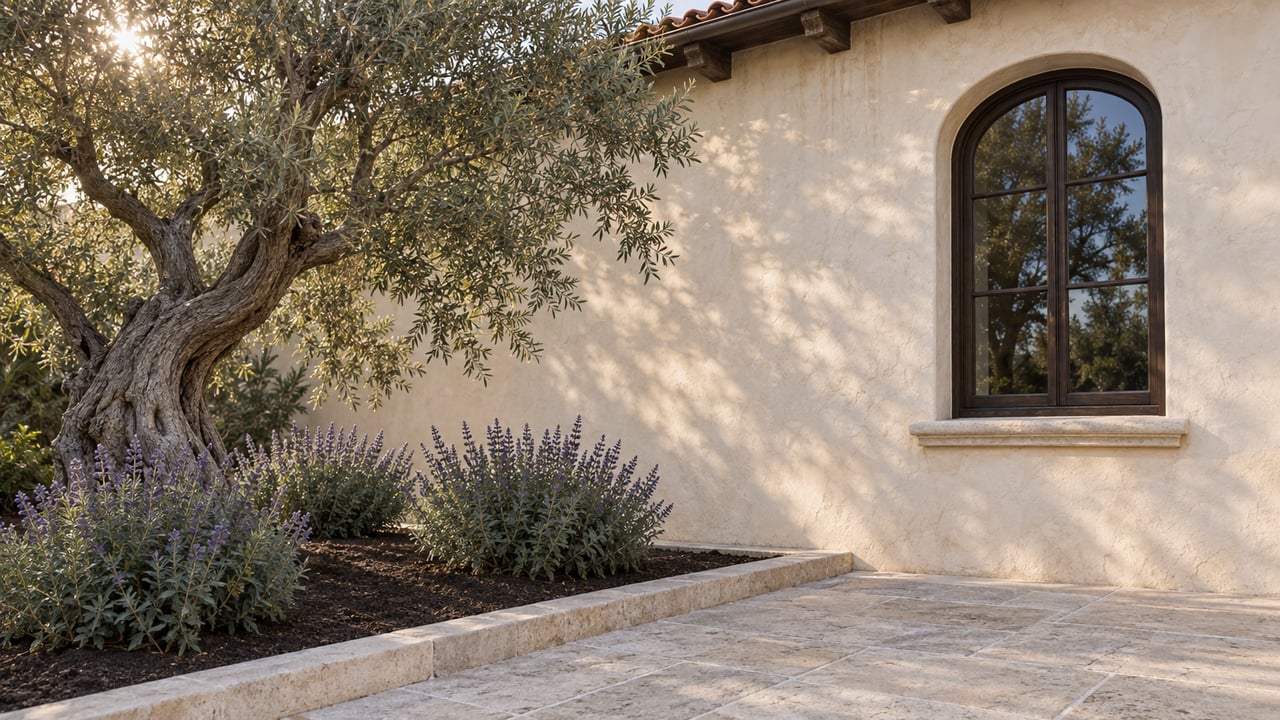 Ivory stucco wall with an arched oak window beside an olive tree and three flowering sage shrubs.