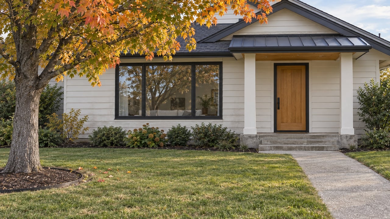 An updated light-sided home behind a deep lawn, with a yellow-orange maple beside its covered entry.