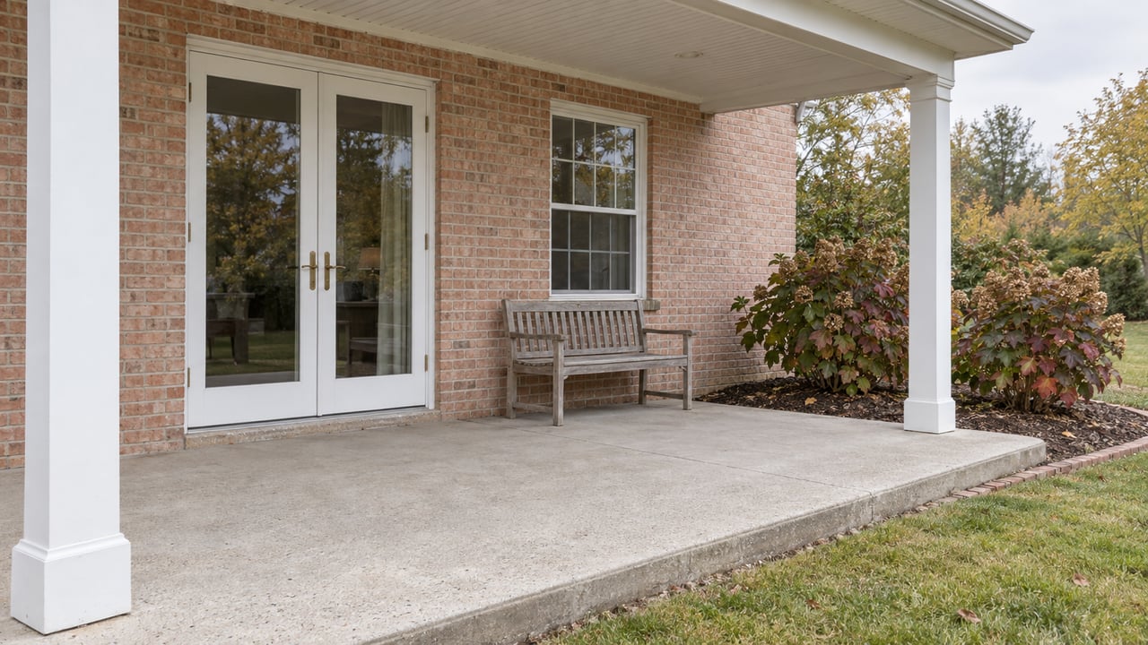 Covered brick patio with white French doors, a weathered teak bench and autumn oakleaf hydrangeas beside a lawn.